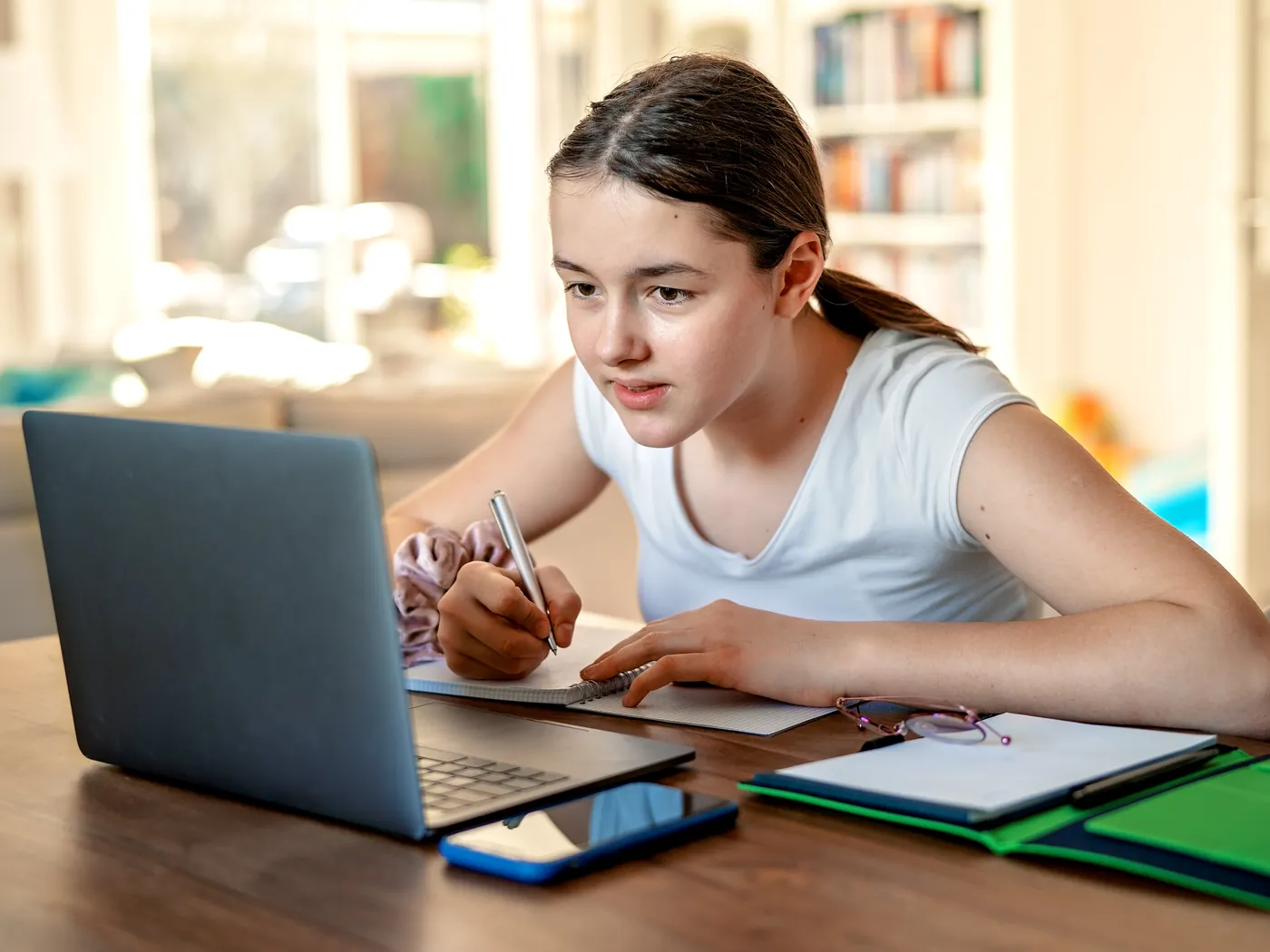 A student taking the free online level test at home
